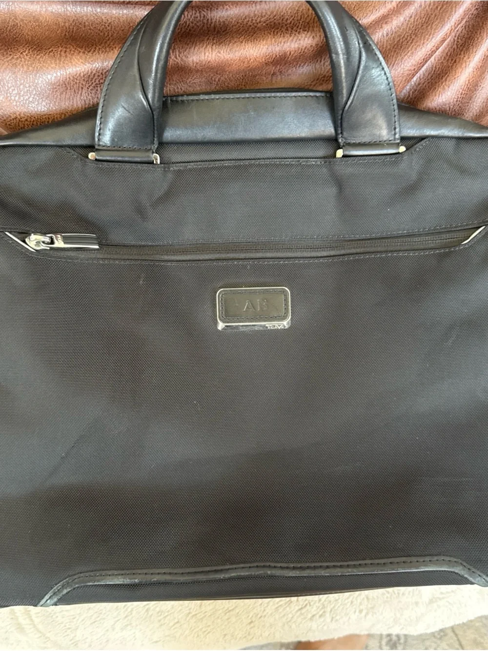 Tumi Black Arrive Sawyer Laptop Briefcase with Leather Trim-EUC Monogram